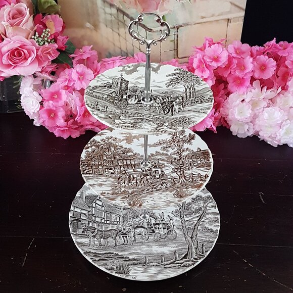 Handmade 3-Tier Brown Transferware Farmhouse Cake Stand Tea Party Christmas Gift - Picture 1 of 12